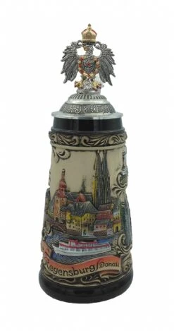 German Beer Stein Regensburg 0.5 Liter Tankard, Black, With Ptd. Pewter Lid, Beer Mug ZO 1769/9013