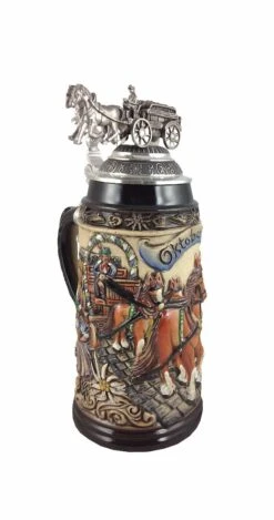 German Beer Stein Beerwaggonlid Relief Stein 1 Liter Tankard, Beer Mug ZO 1915/9013